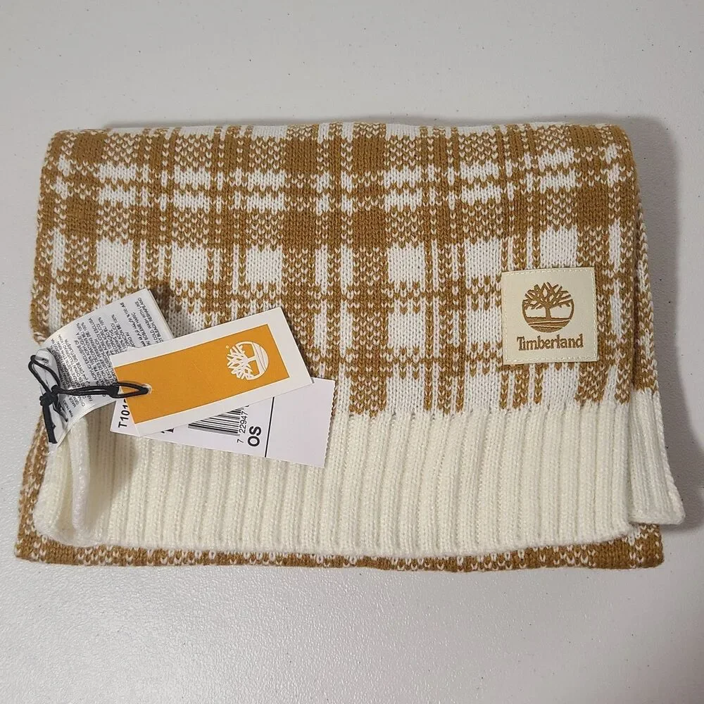 Timberland Retro Plaid Scarf Brown Ivory Ribbed Edge Comfy Warm Soft New Nwt $60